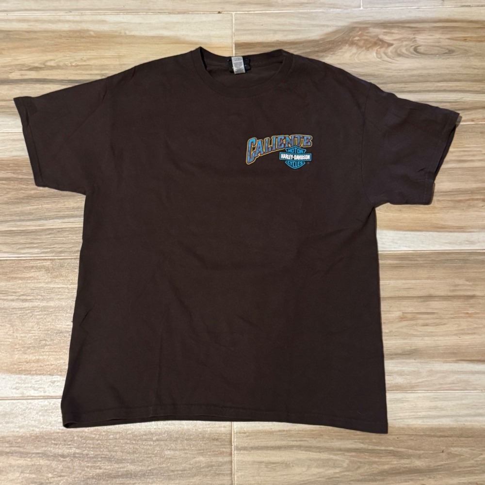 Harley-Davidson Caliente‎ San Antonio Texas Skeleton Guitar T-Shirt Brown Large